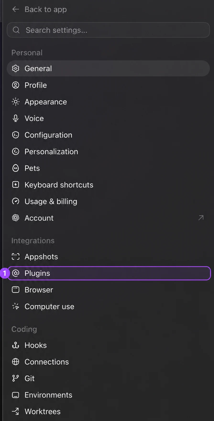 ChatGPT desktop Settings sidebar with Plugins highlighted as step 1.