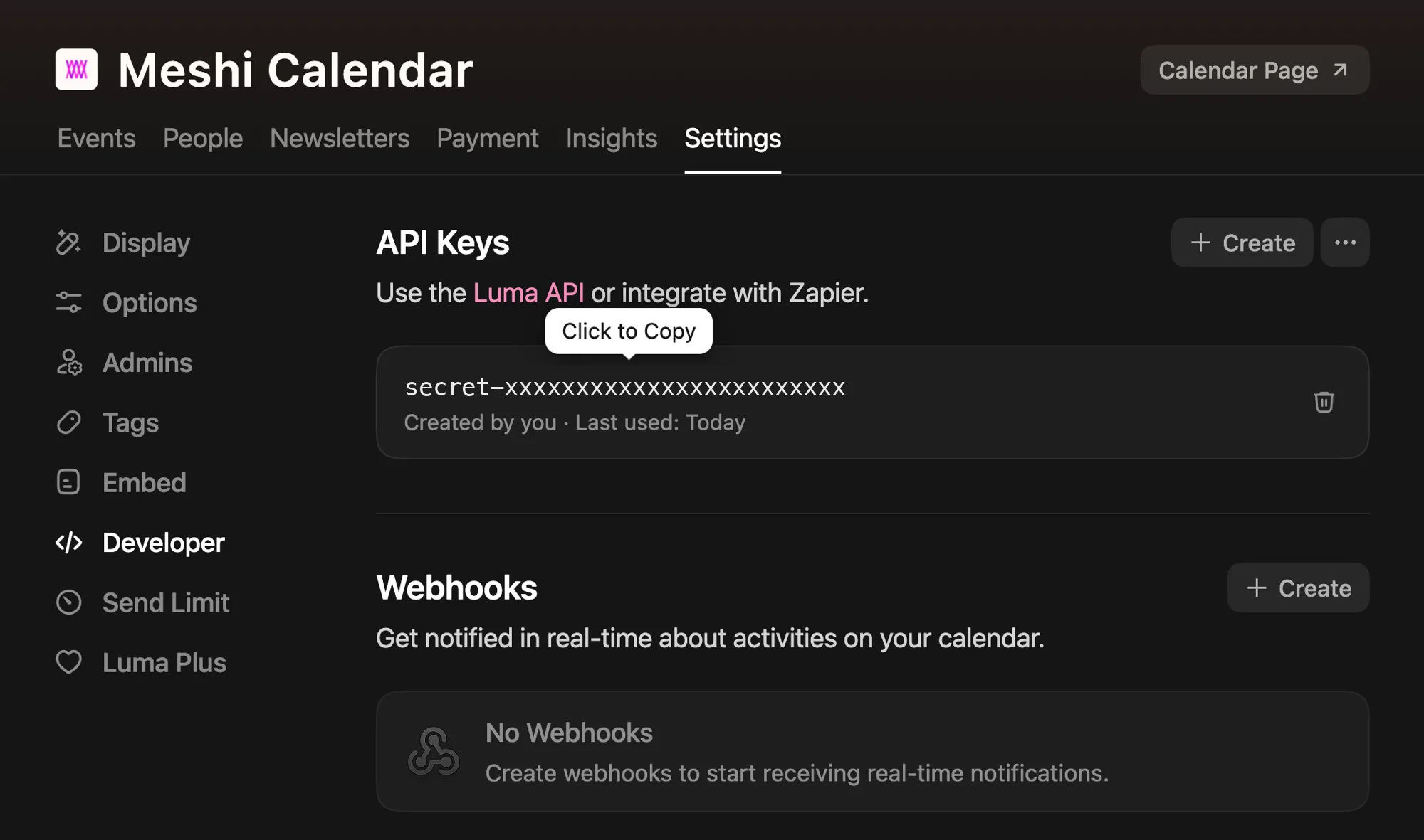 The Developer section of Luma calendar settings, showing the API Keys panel and the Create button.