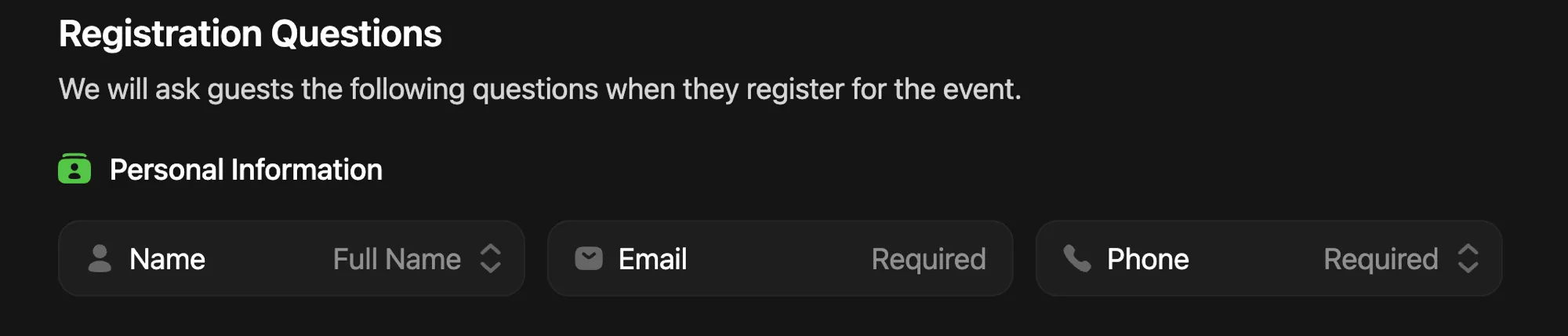 Luma's Registration Questions panel showing Name, Email, and Phone under Personal Information, with Phone set to Required.