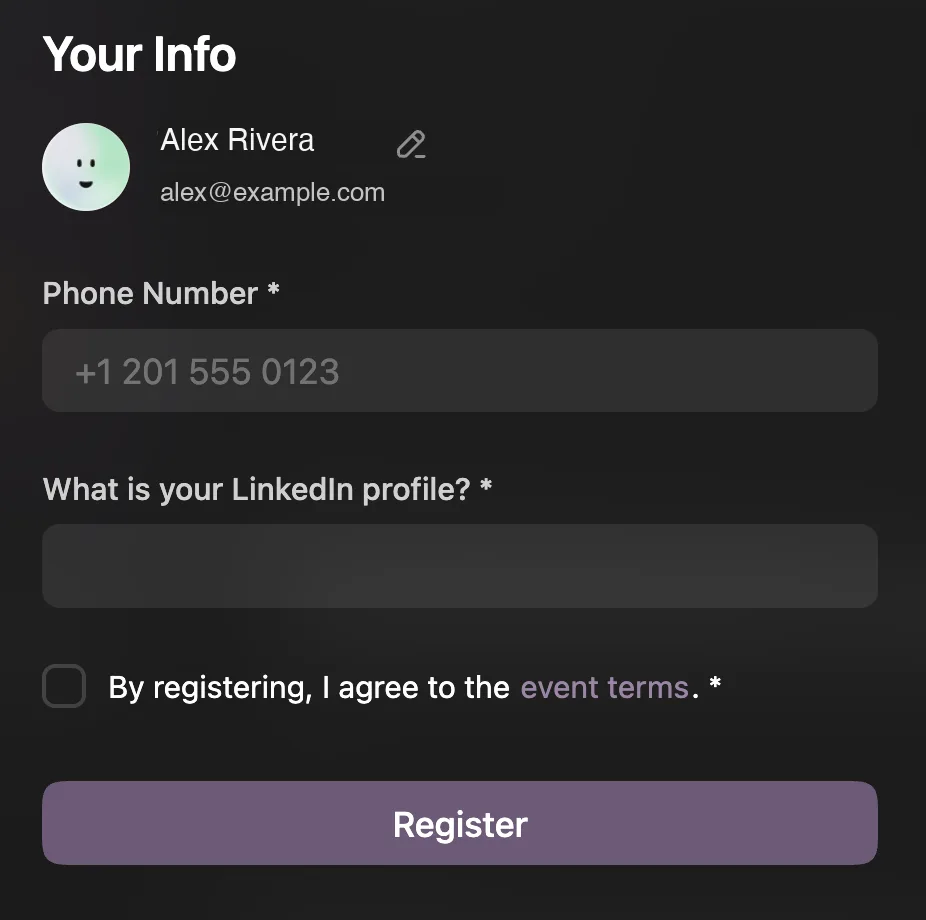 A Luma registration form asking for a phone number and LinkedIn profile, with a required checkbox agreeing to the event terms.
