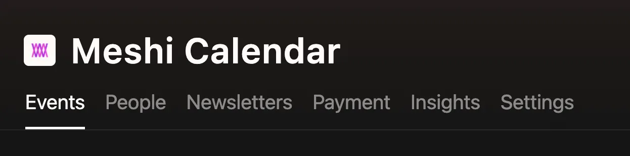 A Luma calendar's navigation bar with the Settings tab highlighted.